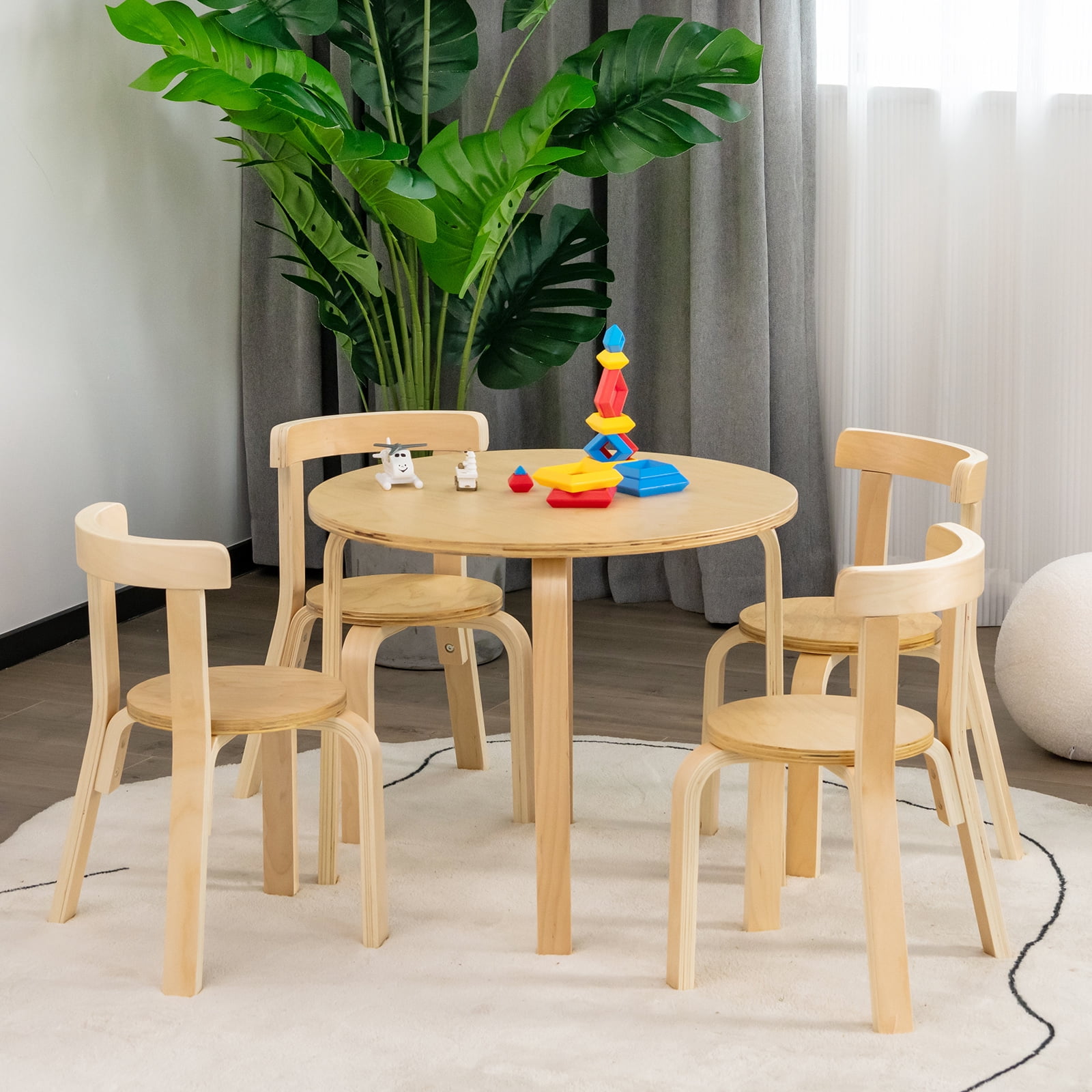 Infans 5-Piece Kids Wooden Curved Back Activity Table & Chair Set w/Toy Bricks Natural