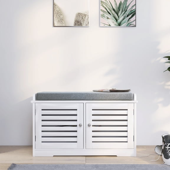 Shoe Storage Bench with Cushion 2 Compartments Laminated Wood Frame for Entryway Living Room Balcony