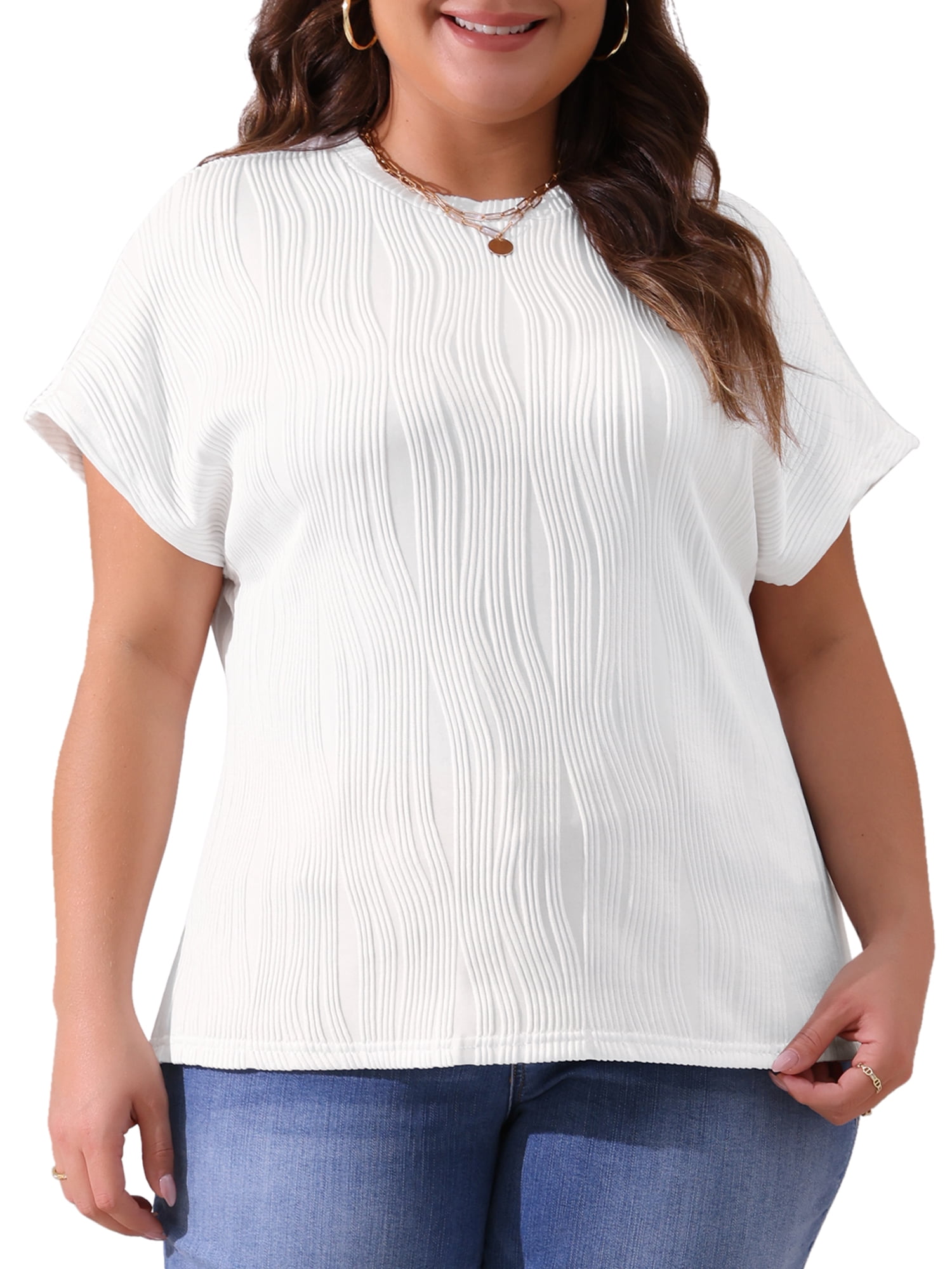 Women's Plus Women's Short Sleeve Textured Tops Crewneck Casual T Shirts 1X White