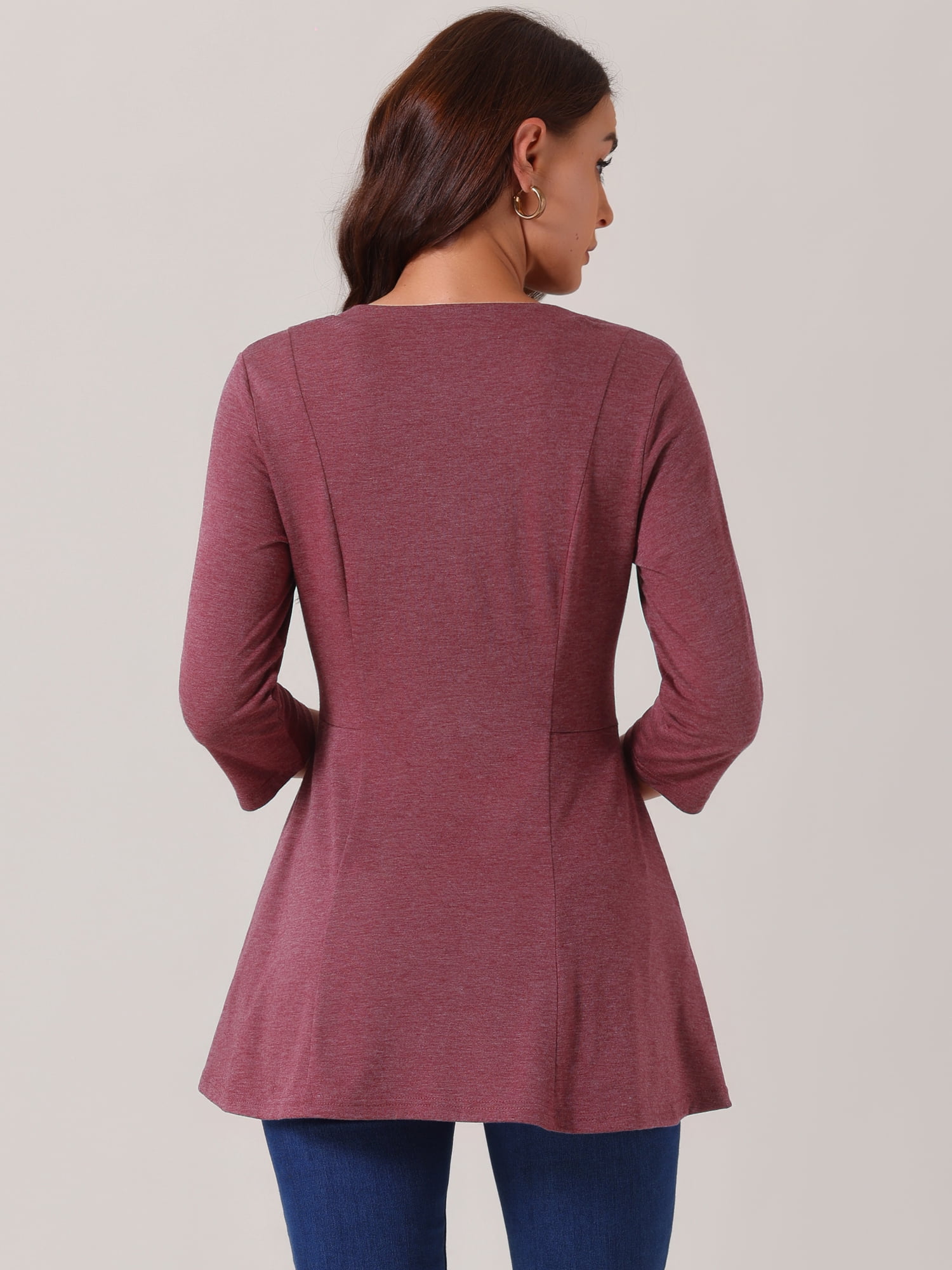 DARING DIVA Women's V Neck 3/4 Sleeve Casual Blouses with Pockets S Wine Red