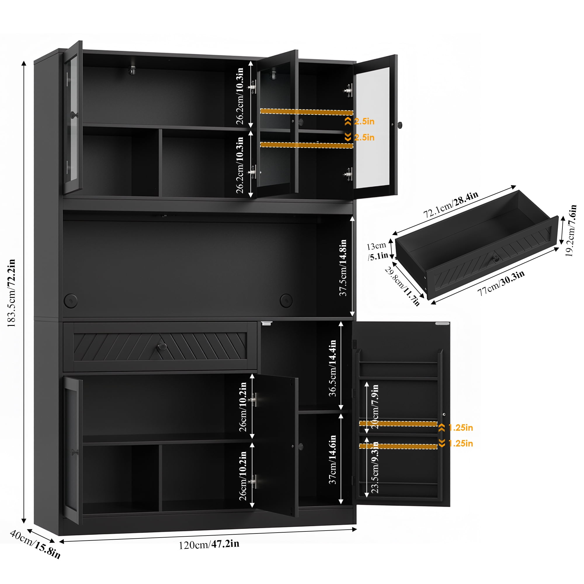 Hiphuta 72" Tall Modern Pantry Cabinet with Adjustable Shelves, Freestanding Kitchen Hutch Cabinet for Dining Room, Black