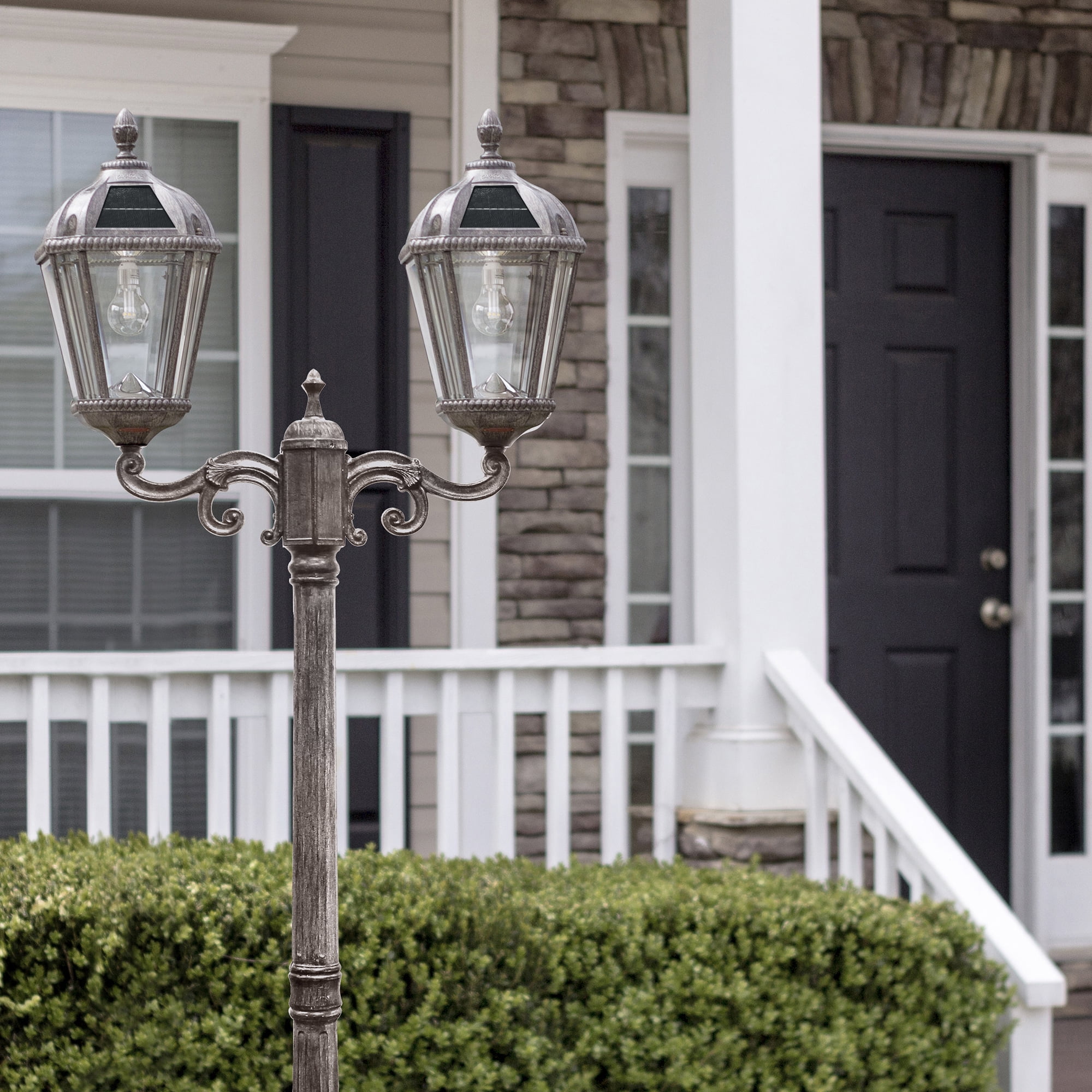 Gama Sonic Outdoor Solar Lamp Post Light Kit, Royal Bulb 300 Lumens, Double Head Weathered Bronze Cast Aluminum and Clear Beveled Glass Post Lamp, Light Pole, and Warm White Light 2700K, 98B302