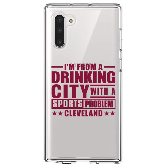 DistinctInk Clear Shockproof Hybrid Case for Samsung Galaxy Note 10 (6.3" Screen) - TPU Bumper Acrylic Back Tempered Glass Screen Protector - Cleveland Drinking City Sports Problem