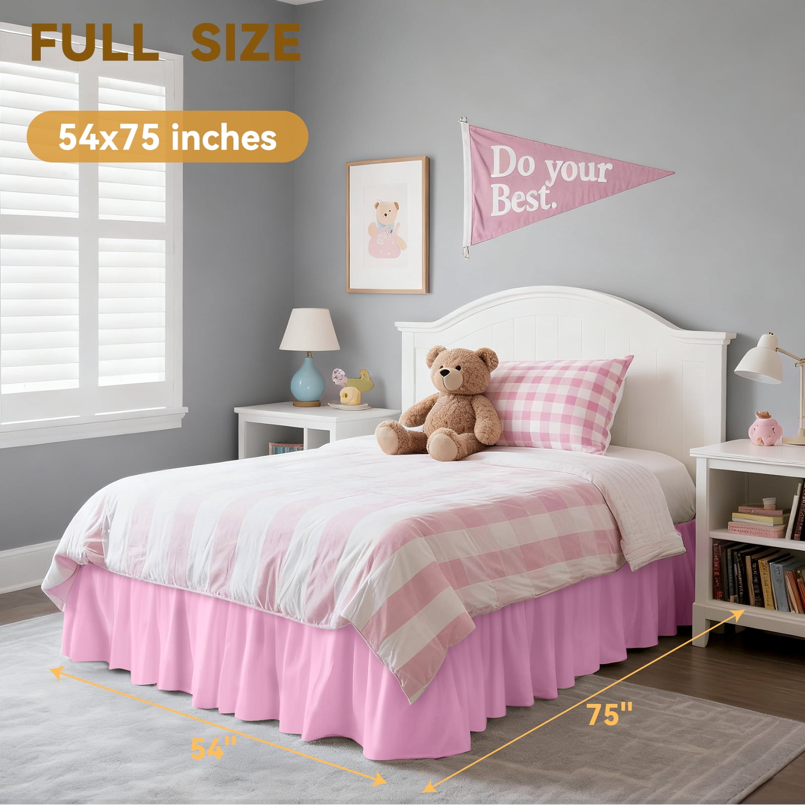 Cherry Blossom Pink Skirts, Wrap Around Dust Ruffle for Full Bed, 18-inch Tailored Drop, Easy to Install and Clean