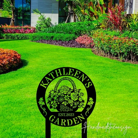 Handmadetneonsign Custom Outdoor Flower Garden Name Metal Sign With Stakes, Garden Yard Decor