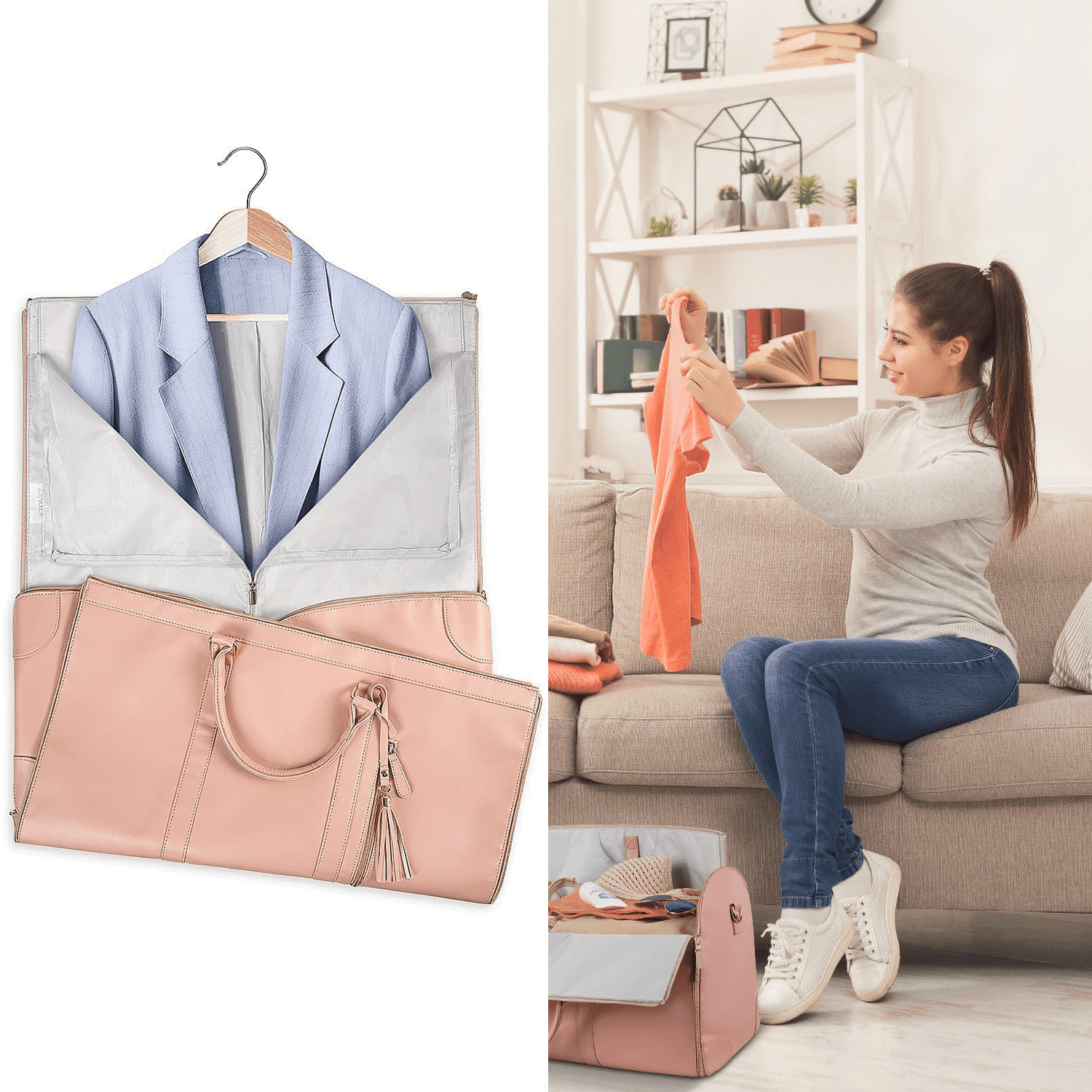 Convertible Travel Garment Bag, Carry On Garment Bag for Travel Convertible Leather Garment Duffle Bag Suit Bags for Women Men, 2 in 1 Hanging Dress Suitcase Business Travel Bag with Shoe Pouch, Pink