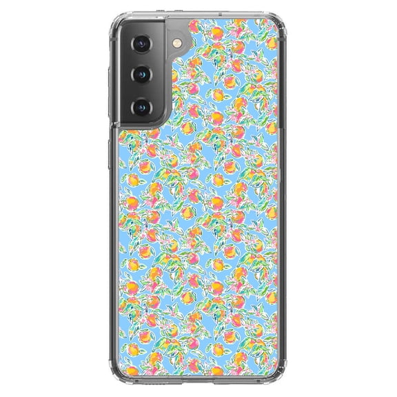 DistinctInk Clear Shockproof Hybrid Case for Galaxy S21  PLUS 5G (6.7" Screen) - TPU Bumper, Acrylic Back, Tempered Glass Screen Protector - Preppy Pattern - Orange & Blue Flowers Floral