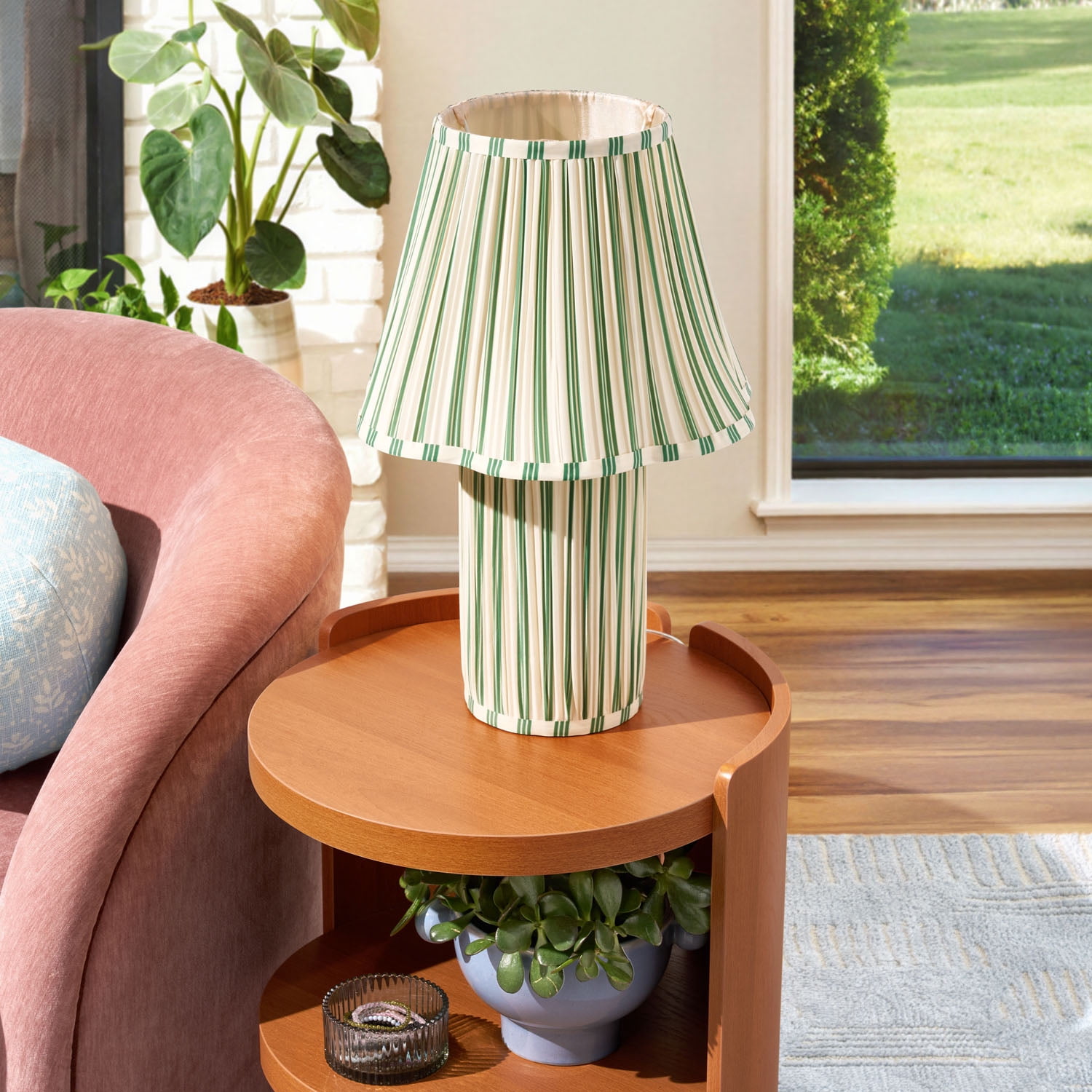 Beautiful 19 in Cabana Stripe Fabric Table Lamp with Scalloped Shade, Green and Arctic White