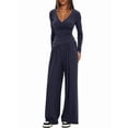 thumbnail image 2 of Women 2 Piece Lounge Fall Outfits Sets Neck Shirts and Wide Leg Pants Casual Matching Sets Dark Blue M, 2 of 8