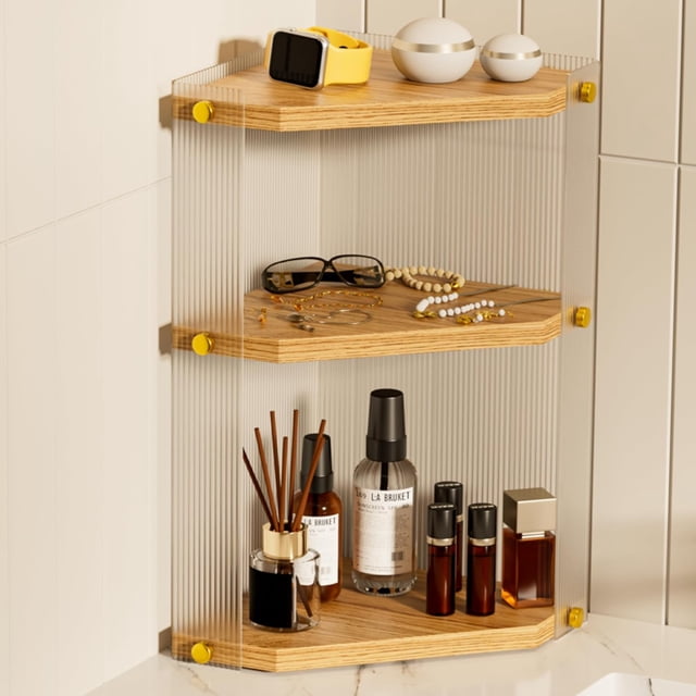 Countertop Organizer for Bathroom Corner: 3-Tier Waterproof Wood Counter Shelf - Acrylic Vanity Organizer for Makeup Perfume Skincare Storage - Kitchen Corner Standing Rack in Light-Brown