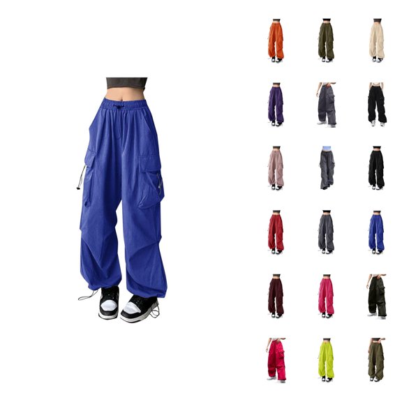 Womens Baggy Cargo Solid Color Pants Streetwear Hop Joggers Sweatpants Drawstring Casual Loose Wide Leg Trousers