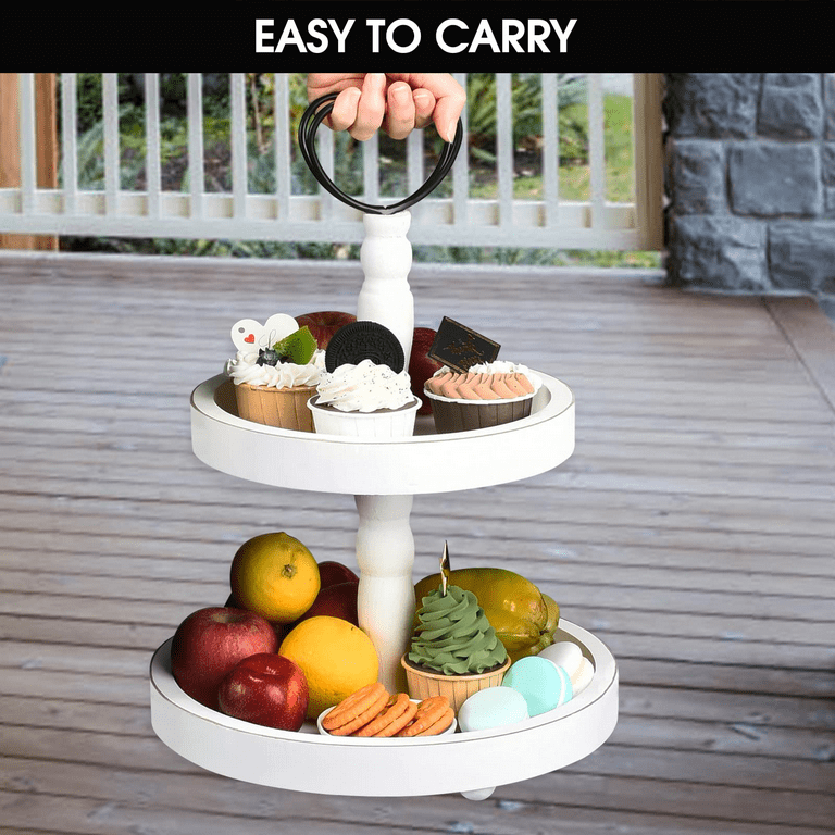 2 Tiered Tray Stand - Two Tier Tray Wood Farmhouse, White, Vintage Decor.  Table Kitchen Tray Wooden with Metal Decorative Handle. Cake