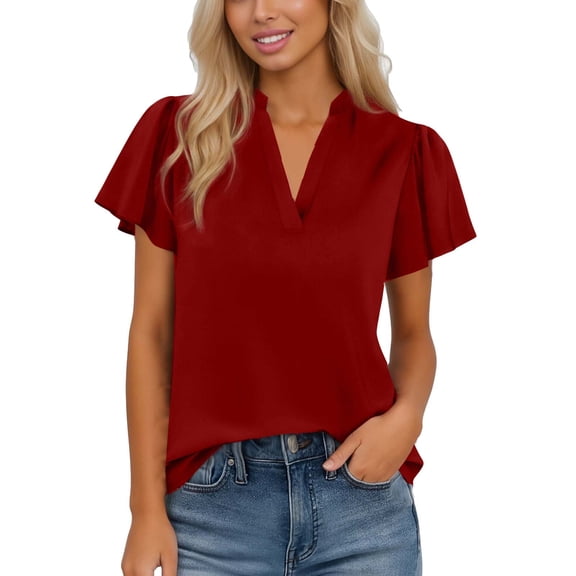 Olyvenn Women's 2026 Summer Blouses Dressy Casual Ruffle Cap Sleeve V Neck Business Work Trendy Cute Tops Spring Outfits Red S