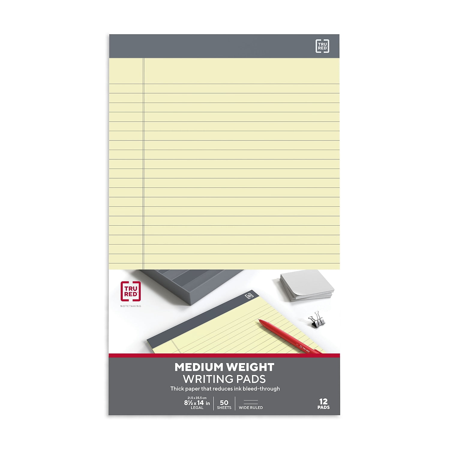 Staples TRU RED Notepads 8.5" x 14" Wide Ruled Canary 50 Sheets/Pad 24/Carton TR59915/TR573VS