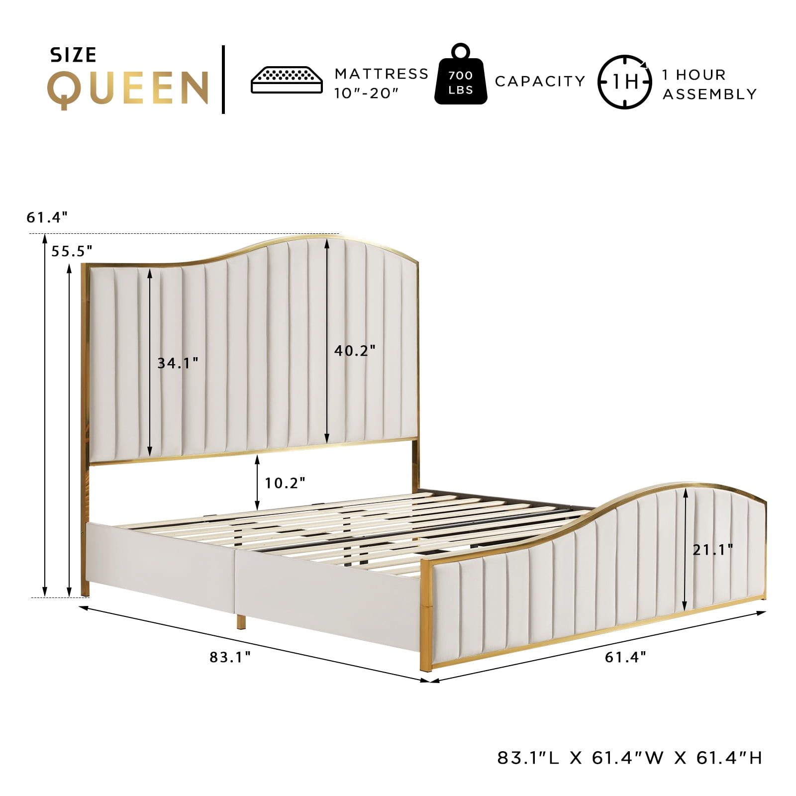 VanAcc Queen Size Platform Bed Frame 61.4" Vertical Channel Gold Trim with Headboard & Footboard Cream