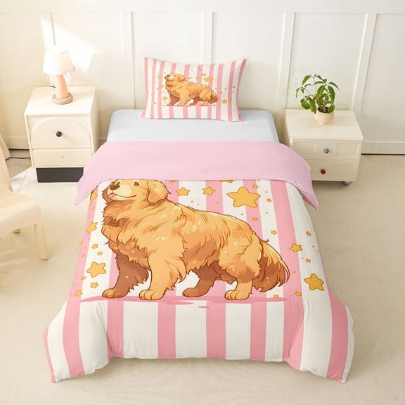 Homewish Cute Golden Retriever Dog Twin Duvet Cover,Cartoon Animal Twin Bedding,Pink White Stripes Decor,Pink Reversible,2 Pieces,1 Duvet Cover and 1 Pillowcase