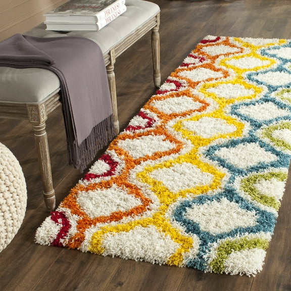 SAFAVIEH Eirann Geometric Quatrefoil Kids Shag Runner Rug, Ivory/Multi, 2'3" x 9'