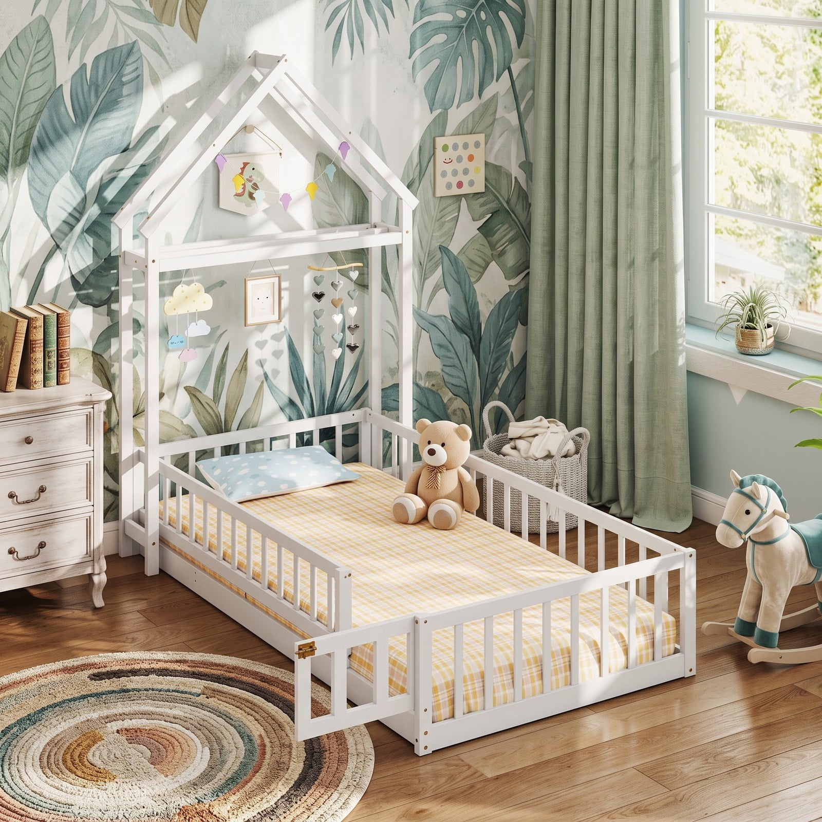 Furnibear Full Size House Floor Bed with House-Shaped Frame and Full-Length Fence Guardrails, Montessori Floor Bed for Kids Room, White