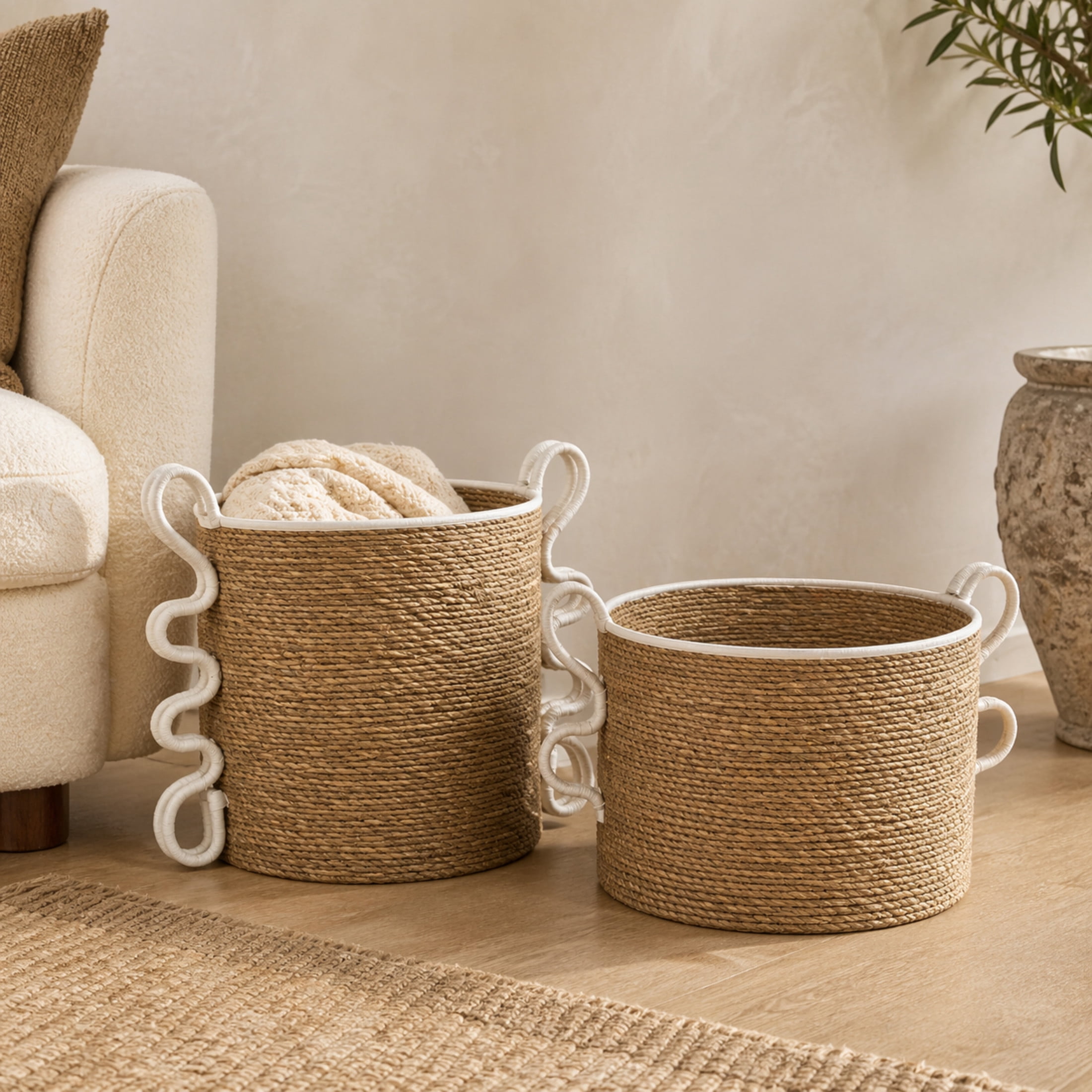 DecMode 10", 13"W Brown Seagrass Handmade Woven Storage Basket with Cream Arched Handles, 2-Pieces