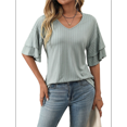 thumbnail image 2 of Tops Elegantes de Cuello en V para Mujer, de Doble Capa, con Mangas Acampanadas y Volantes de 3/4, Color Verde Frijol, Talla XL, 2 of 10
