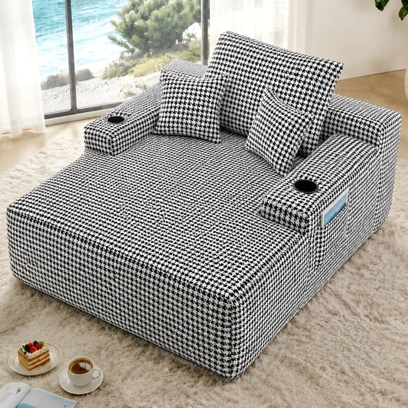Oversized Sleeper Chaise Lounge with Cup Holder & Side Pockets, Boneless Lounge Chair Bed with Wide Armrest, 2 Pillows, Black White