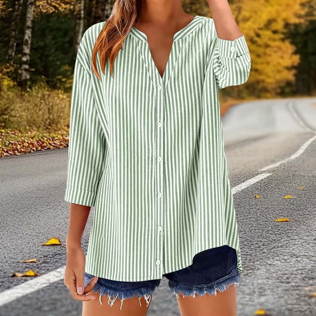 TaTaai Women's V Neck Flannel Top, 3/4 Sleeve Button Up Blouse, Loose Fit Plaid Casual Shirt for All Seasons Gift