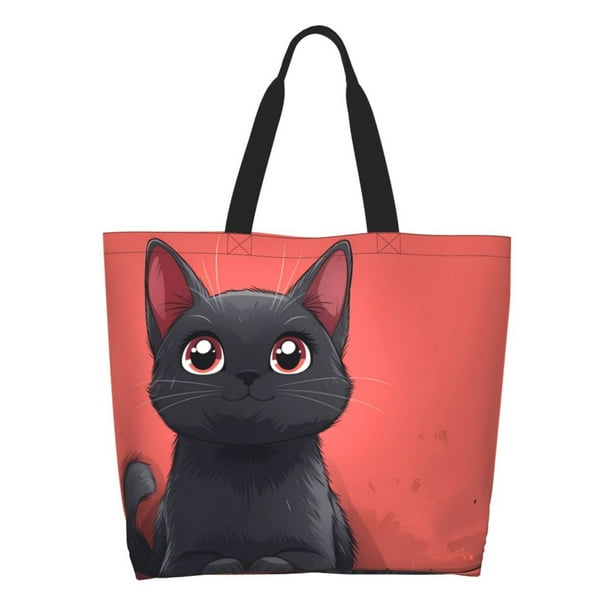 Fotbe Cute Black Kitten Cartoon Bolsa Tote Estética de Lona con Estampado para Mujer - Bolsa Reutilizable de Hombro Casual para Vacaciones, Compras, Trabajo y Gimnasio