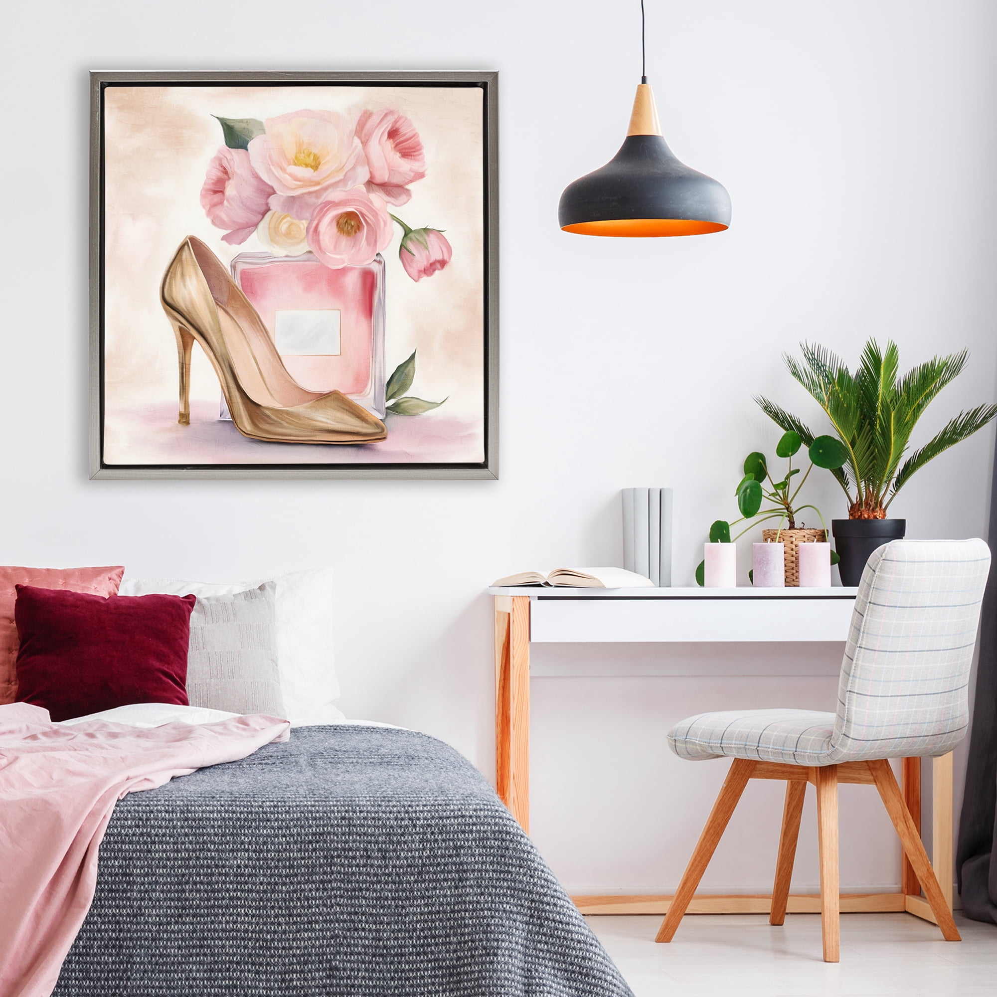 Stupell Industries Pink Beauty Heel & Flowers Gray Framed Floater Canvas Wall Art, design by Kim Allen