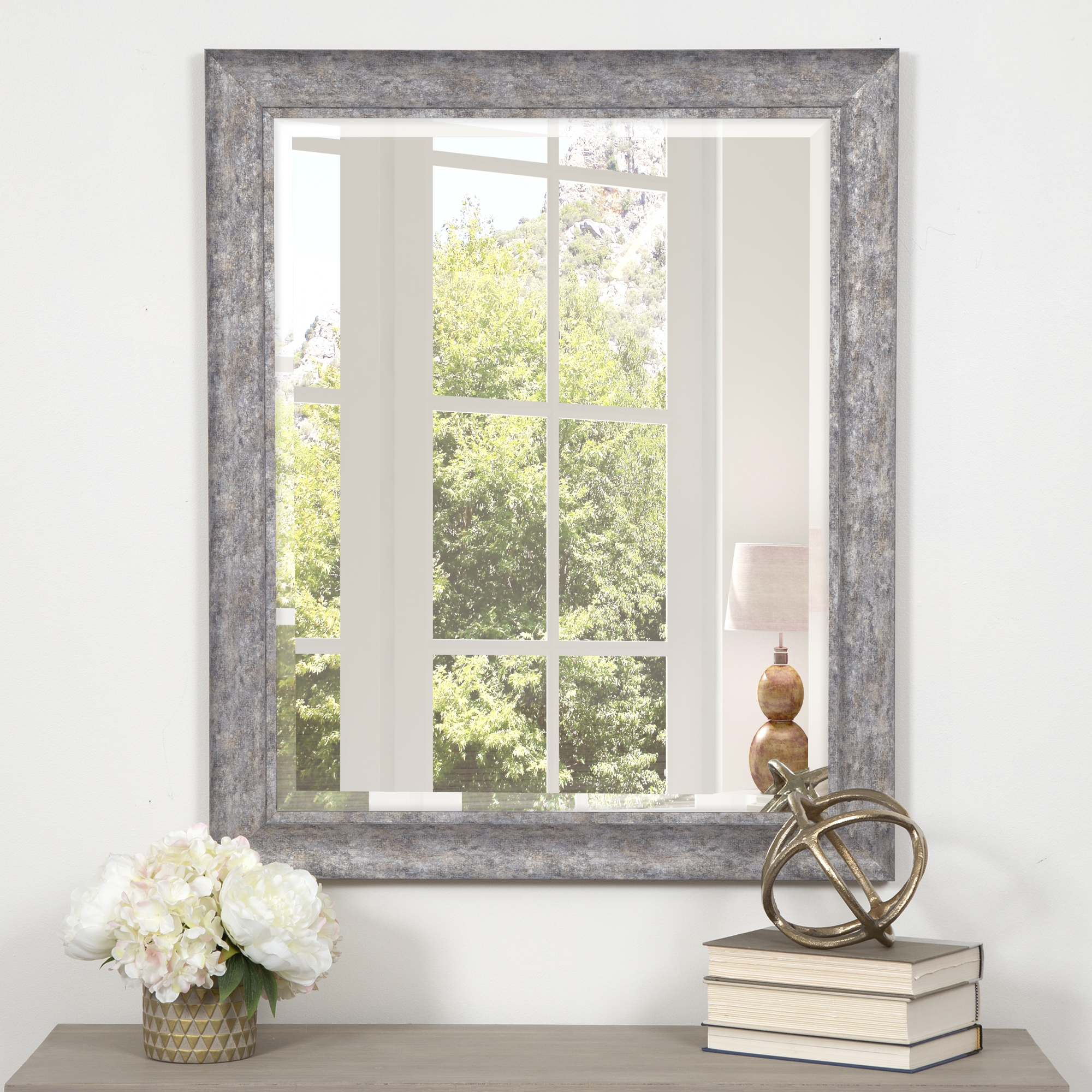 Distressed Silver Scoop Framed Beveled Wall Accent Mirror 24"x30" by