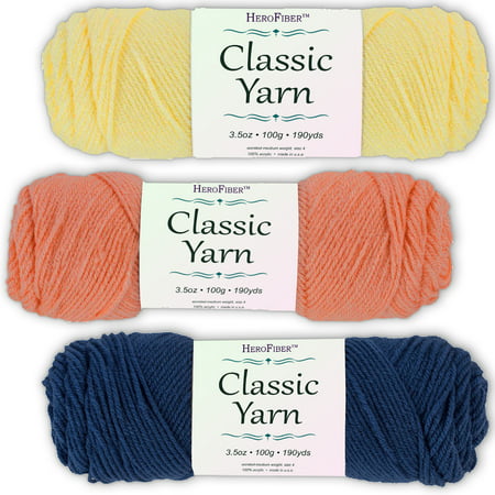 Soft Acrylic Yarn 3-Pack, 3.5oz / ball, Yellow Maize + Pink Coral + Blue Chambray. Great value for knitting, crochet, needlework, arts & crafts projects, gift set for beginners and pros