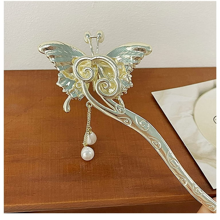 Chinese Metal Butterfly Pearl Hair Chopsticks Hair Clip Chignon Pin Hair  Decor Hairpin Hair Stick for Women and Girls White-Butterfly 