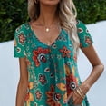 thumbnail image 3 of Mujer Cuello En V Top Estampado Floral Mangas Cortas Busto Plisado Suelto Ajuste Verano Casual Camiseta Verde S, 3 of 5