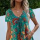 thumbnail image 3 of Mujer Cuello En V Top Estampado Floral Mangas Cortas Busto Plisado Suelto Ajuste Verano Casual Camiseta Verde XL, 3 of 5