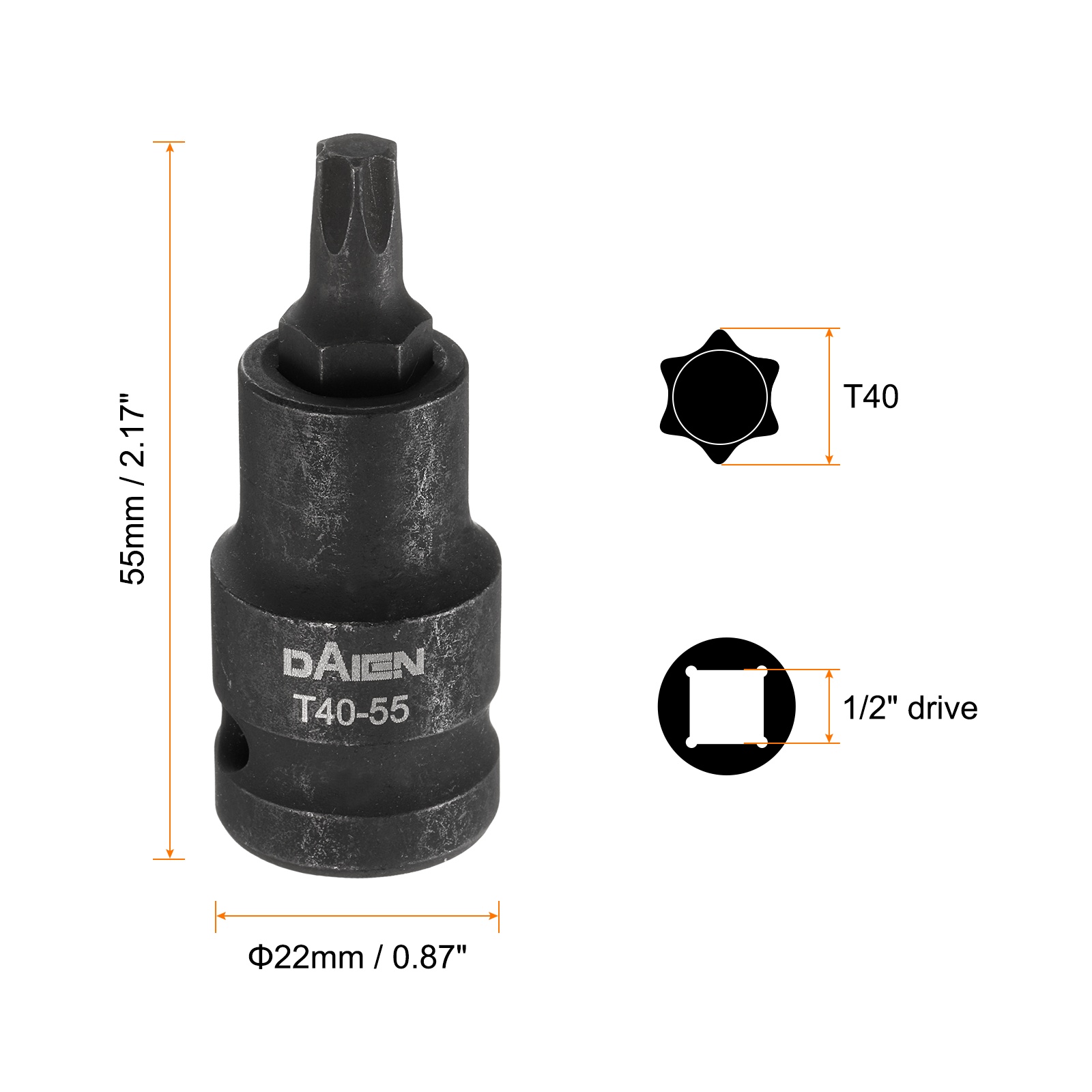 Uxcell 5pcs T40 Torx Bit Socket 55mm/2.17" Length 1/2" Square Drive Star 6 Point Extension Impact Bit Power Nut Driver Set S2 Steel Socket Ratchet Wrench Bits, Black