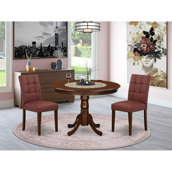 Round Dining Table Set for 4 - Modern Kitchen Table with 2 Chairs, Mahogany Finish