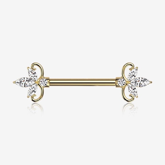 A Pair of Golden Royal Floral Spear Sparkle Elegance Nipple Barbell