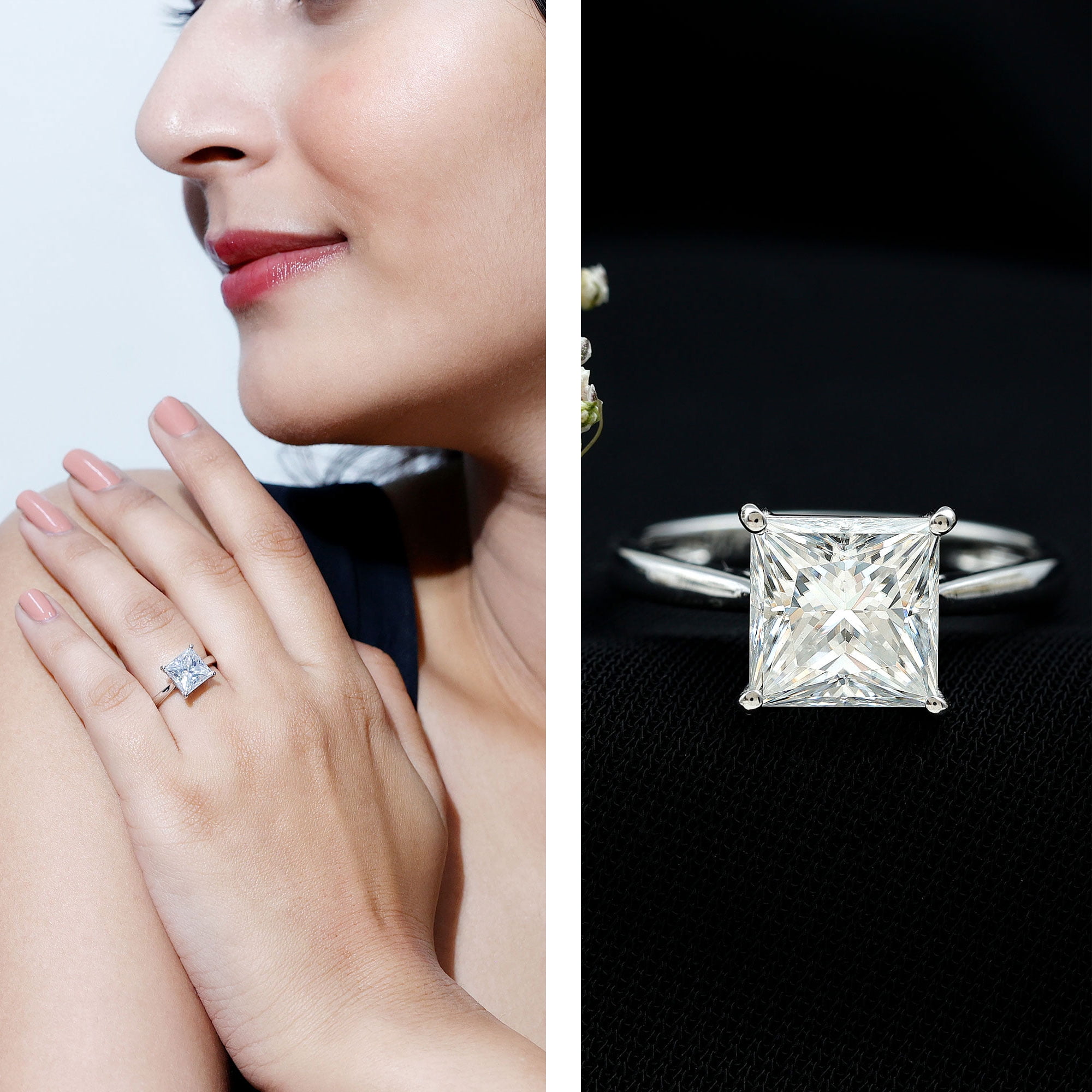 Rosec Jewels Princess Cut Moissanite Solitaire Engagement Ring for Women (2 Ct, 7 mm, D-VS1 Grade), 10K White Gold, US 6.50