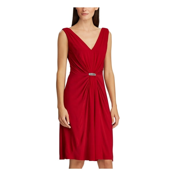 Lauren Ralph Lauren Women's Special Occasion Dress Scarlet Red Crystal-Accent Gathered Sleeveless A-Line Dress 2