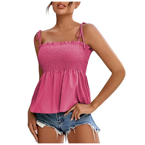 Staron Summer Tops for Women Square Neck Spaghetti Strap Sleeveless Smocked Ruffle Pleated Casual Boho Vacation Beach Loose Crop Tank Top, Hot Pink XL