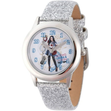 Disney Descendants 2 Evie Tween Girls' Stainless Steel Watch, Silver Glitter Leather Strap