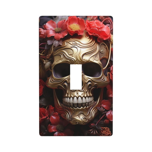 1-Gang Toggle Wall Plate Single Light Switch Cover - Skull Death and Red Gold floral art