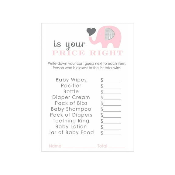 Pink Elephant Baby Shower Guess the Price Game (25 Pack) Girls Baby Shower Games Princess Themed - 4x6 Size Set - Paper Clever Party
