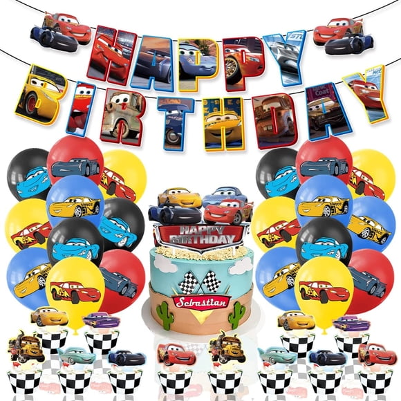Trousse de Décorations pour Fête d'Anniversaire de Voiture de Course – Comprend une Bannière « Happy Birthday », 20 Ballons à Thème de Course, une Décoration de Gâteau et 12 Décorations de Cupcakes – Idéale pour les Fêtes à Thème Course pour Enfants