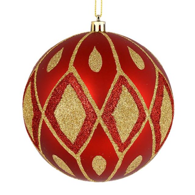 Vickerman N188003D 4 in. Red Matte Ball Ornament with Glitter Diamond Pattern 4 per Pack