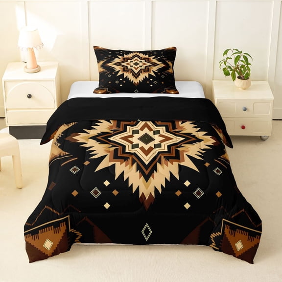 Homewish Black Gold Bohemian Twin Comforter Sets,Boho Exotic Style Bedding Set,Black Reversible,2pcs,1 Comforter and 1 Pillowcase