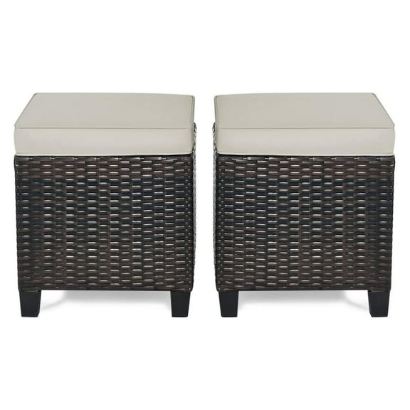 2-Piece Patio Ottoman Set - Wicker Footstools, All Weather PE Rattan Ottoman with Removable Cushions, Square Footrest Seat, Outdoor Stools for Garden, Porch, Pouf Ottoman (Brown)