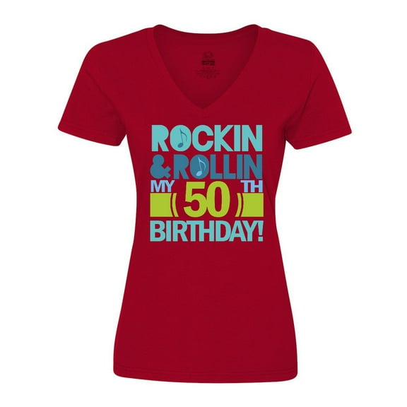 Inktastic 50th Birthday Rock N Roll Women's V-Neck T-Shirt