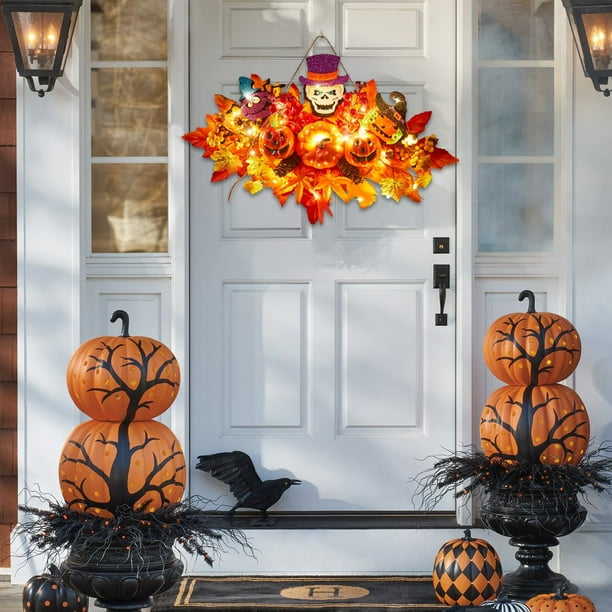 Corona de Halloween con Calabaza y Hojas de Arce: Decoración de Plástico Naranja para Colgar En La Puerta, Ideal para La Cosecha, Acción de Gracias y Otoño.