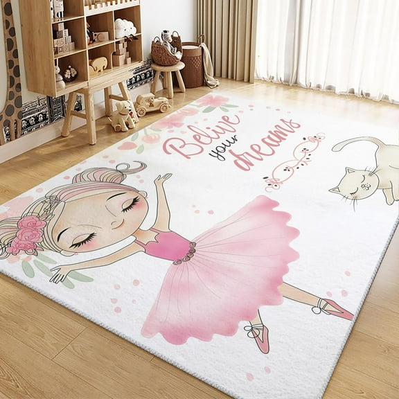 Living Room Area Rugs, Cartoon Pink Ballerina Printed Rug, White Carpet Washable Short Pile Area Rugs For Bedroom Dining Room, Soft Non Slip Non Shedding Rug