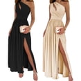 thumbnail image 2 of Women Sleeveless High Waist Bodycon Long Dress Sexy Cutout One Shoulder Ruched Side Thigh Split Cocktail Evening Gown solid color apricot XXL, 2 of 4